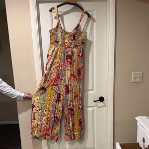 Free People Mustard and Maroon Floral Jumpsuit